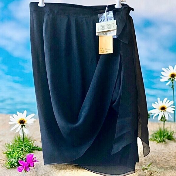 Classics by Anne Klein Vintage 80's Black SILK SHEER Sarong Wrap Skirt NEW - Picture 3 of 14